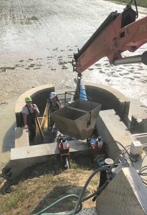 USFWS biologist lowers large bucket using a crane into a newly constructed test kettle in order to move fish out of the pond.