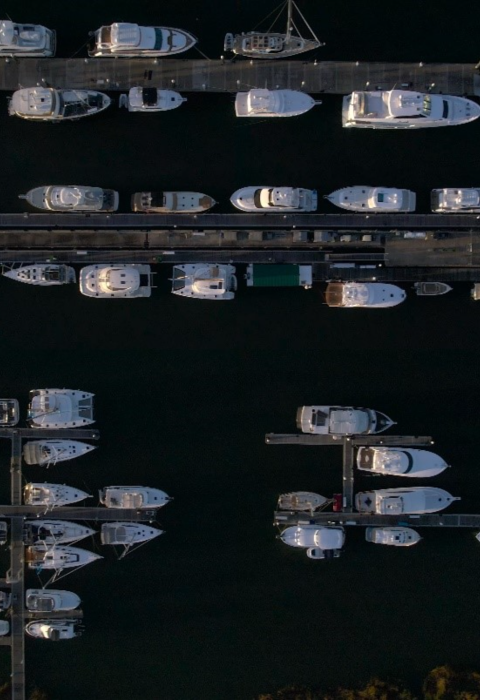 Aerial view of Safe Harbor Charleston City Marina MEGADOCK and the vessels using the dock.