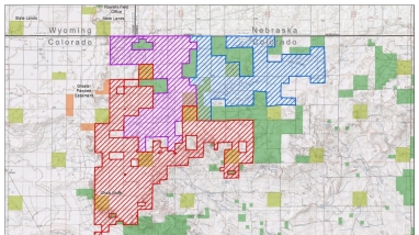 This image shows the various land ownership within and surrounding the Cedar Creek, Mountain Breeze, and Panorama Wind Projects. Land ownership includes Pawnee National Grassland, Colorado State Land, and Non-Governmental Organizations.