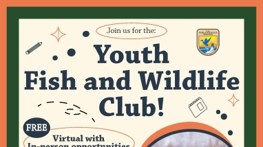 Flyer with the USFWS logo, a photo of two bison, and a drawing of a person with a laptop. Text: Join us for the: FREE Youth Fish and Wildlife Club! www.fws.gov/education-programs/virtual-youth-fish-and-wildlife-club Geared towards youth ages 8-12 but ALL are welcome! Check out the agenda and meeting information: Every Wednesday, January 17-May 8 Virtual with In-person opportunities Learn about winter and wildlife safety, fish, pollinators, foraging and wild foods, the National Eagle Repository and more!