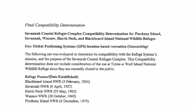 Savannah Coastal Refuges Complex Geocaching Compatibility Determination