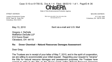 Correspondence from NRDA Trustees to G. DeGulis Dover Counsel 5/13/2010