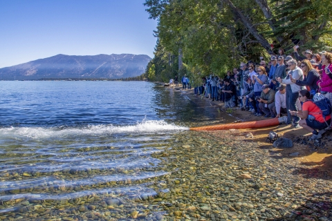 a group of people standing next to a lake 