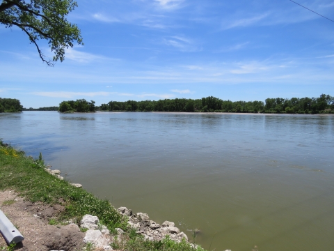 A broad, calm, river, with trees on the far bank and blue skies above.