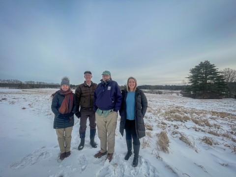 Four people stand in the foreground, with snowy land, cloudy sky, and a large green tree behind them