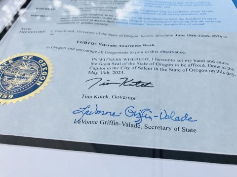 On May 30, Oregon Governor Tina Kotek declared June 18-22, 2024, LGBTQ+ Veterans Awareness Week. This is a photo of that proclamation.