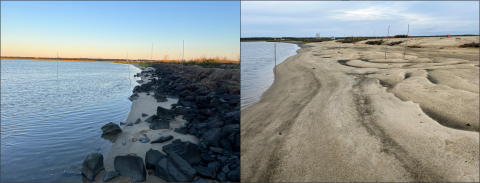 Side by side images of a stretch of coastline before and after a restoration project. The first image shows piles of large rocks along the shore and the second shows a wide, sandy beach. 