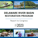 image of the front cover of a report, featuring various photos of people paddling and fishing on a river and of wildlife, including a turtle, bumblebee, and warbler