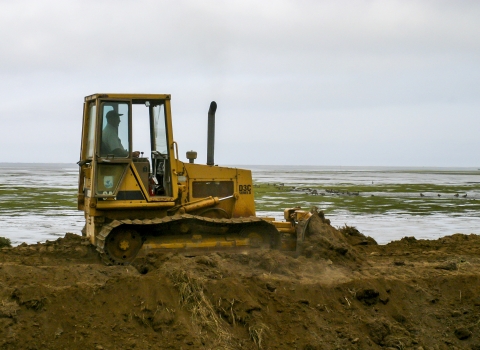 Bulldozer moves dirt on coast
