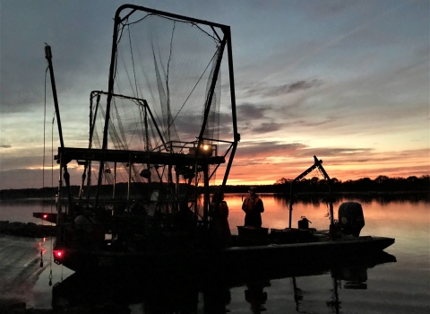 an electrified trawl net boat at sunset