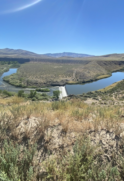 Image of a river flowing through a desert sage landscape with small mountains in the backdrop and bright blue skies.