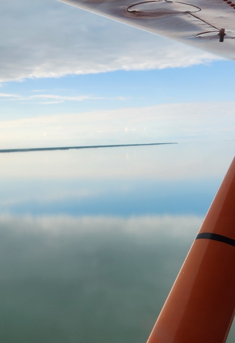 view of an airplane wing over water