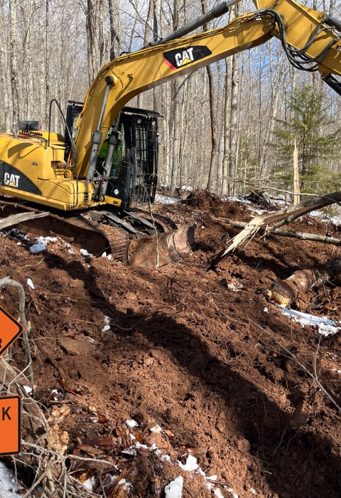 An image of an excavator picking up dirt on a wooded hillside. To the left of the excavator is an old logging road. To the right is dirt and woody debris laying over what was once a logging road. In the bottom left is a graphic of an orange traffic sign that features the silhouette of a salamander and the text, "Salamander Crossing. Road Work Ahead."