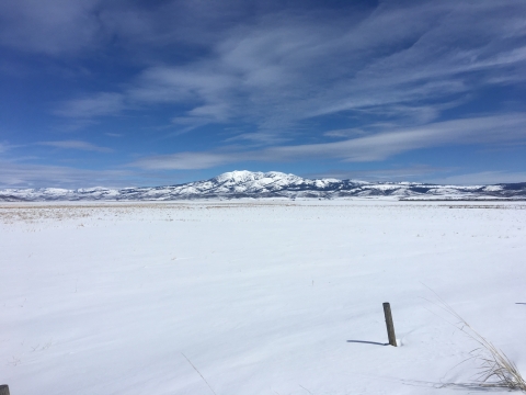 Snowy field with snow capped mountains in the distance.