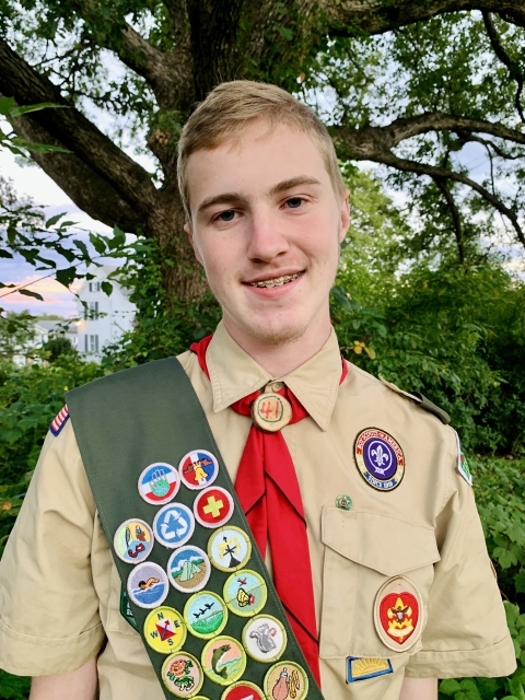 Eagle Scout Hunter Zeman of Troop 41 out of Johnsonville, Pennsylvania poses for a photo at the Cherry Valley National Wildlife Refuge