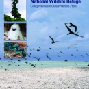 Cover reads Rose Atoll National Wildlife Refuge Comprehensive Conservation Plan. The cover shows seabirds flying around a rocky beach and three small boxes to the side with a tree, a white red-tailed tropicbird chick, and a giant clam with a turquois shell.