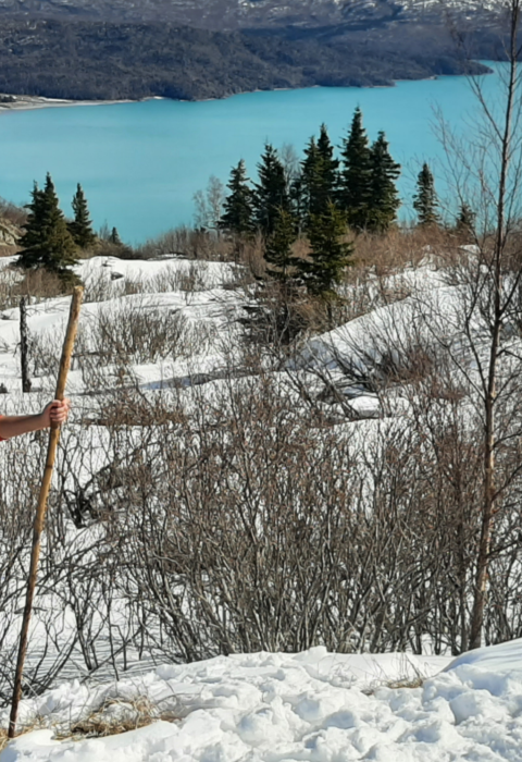 A woman standing wearing a bright orange shirt and sunglasses holding a walking stick in a snowy landscape. A bright, aqua blue lake in the background.