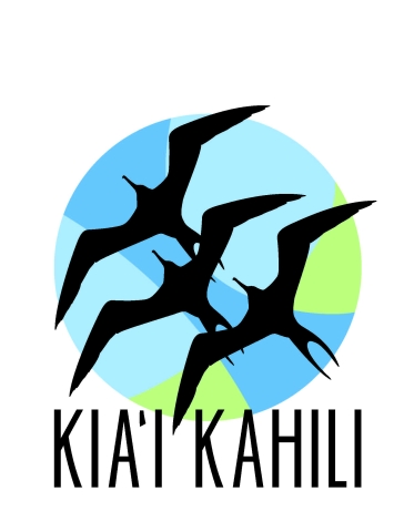 Kia'i Kahili Logo. Three Great Frigatebirds soar against a blue sky.