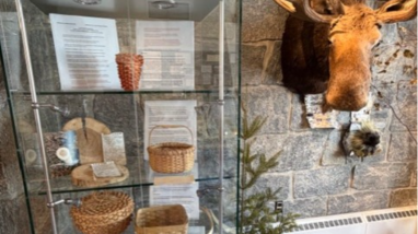 A display case containing weaved baskets.