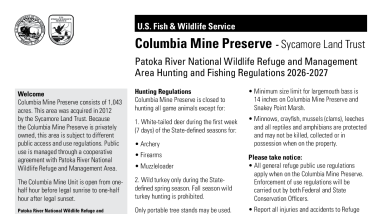 Columbia Mine Preserve - Sycamore Land Trust, Patoka River National Wildlife Refuge and Management Area Hunting and Fishing Regulations 2024–2025
