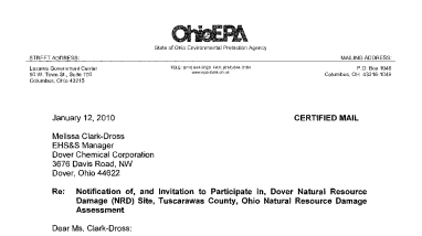 Notification of, and Invitation to Participate in Natural Resource Damage Assessment and Preassessment Screen and Determination for Natural Resources Damages Related to Releases from the Dover Chemical Site, Tuscarawas, Ohio
