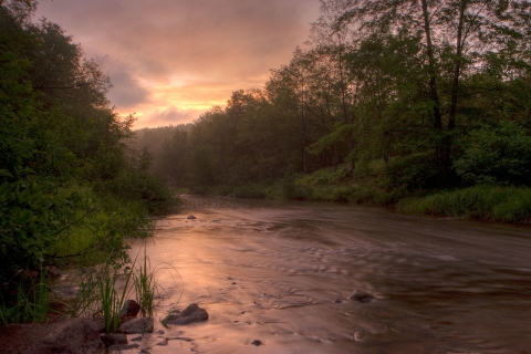 A calm river reflects a pink sunrise sky. Trees line the banks and a soft mist rises in the distance. 