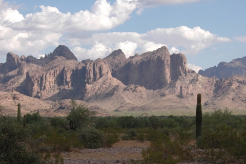 mountainous desert landscape with sparse green vegetation and tall mountains
