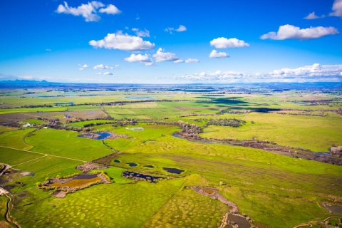 green farmland and open space meet a blue skyline
