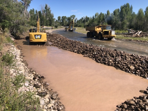 downstream view of toewood (large logs) being added into a stream bed by large construction trucks