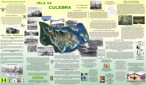 Historical Panel of Culebra NWR featuring images and text that detail the refuge's establishment, and key events that have shaped its conservation efforts.