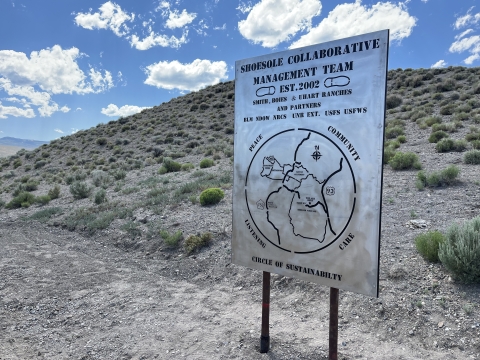 A sign that reads, "Shoesole Collaborative Management Team Established 2002. Smith, Boies, and Uhart ranches. And below that the partners are listed as BLM, NDOW, NRCS, UNR Ext., USFS, USFWS. Below that there is an image showing a circle with the words, "Peace, Community, Listening, and Care" around it. At the bottom it says, "Circle of Sustainability". Inside the circle there is a geographic map showing the location of the partnership. U.S. Route 93 borders the right.