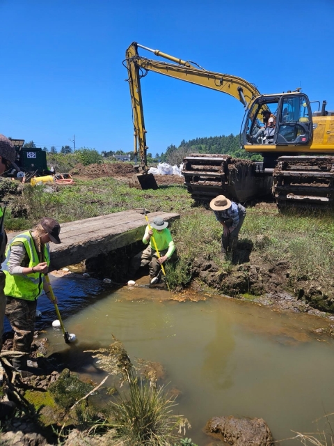Three people in front of a backhoe dig along a stream channel.