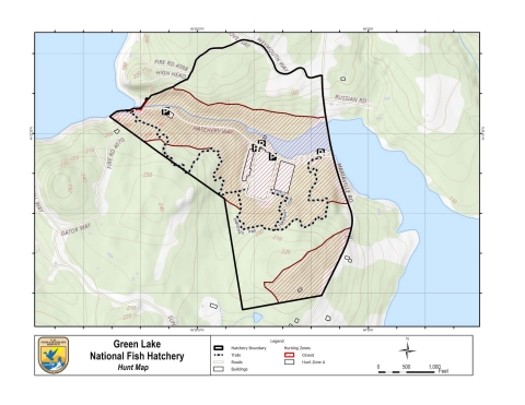 Map of Green Lake National Fish Hatchery trails with no hunt zone