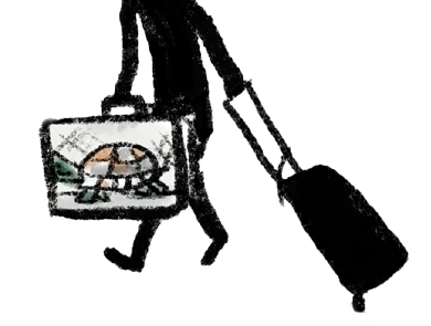 cartoon of a woman silhouette in black walking with a suitcase in one hand and a turtle in a carrier in the other