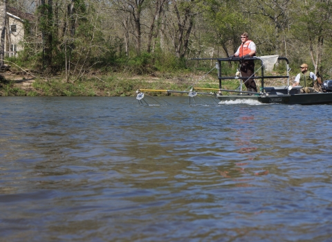 Two people in a boat in a river. One operating the motor, while the other is in the bow holding a fish net