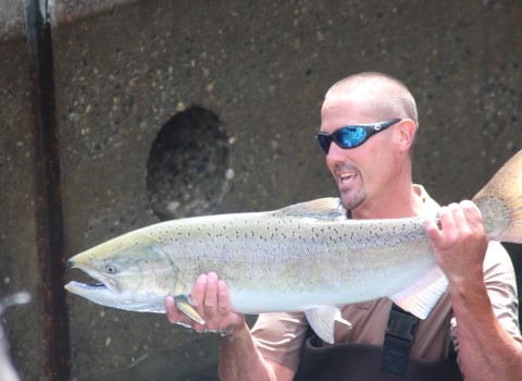 A man in waders and sunglasses holds up a large salmon horizontally with both hands.
