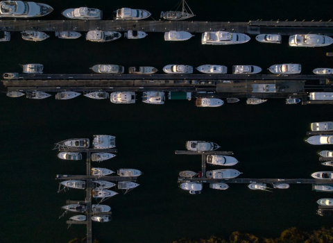 Aerial view of Safe Harbor Charleston City Marina MEGADOCK and the vessels using the dock.