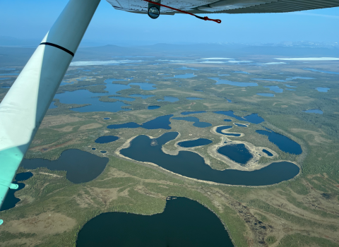 aerial view of wetlands and snow on the landscape