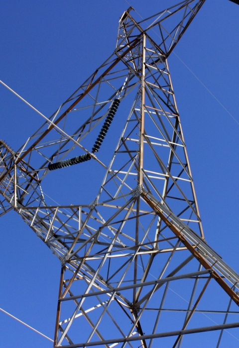 Worm's eye view of electrical transmission lines.