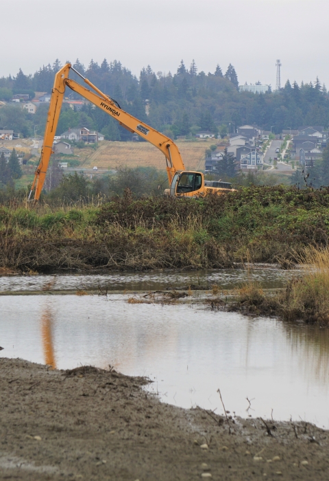 Yellow excavator near a slough with distant houses
