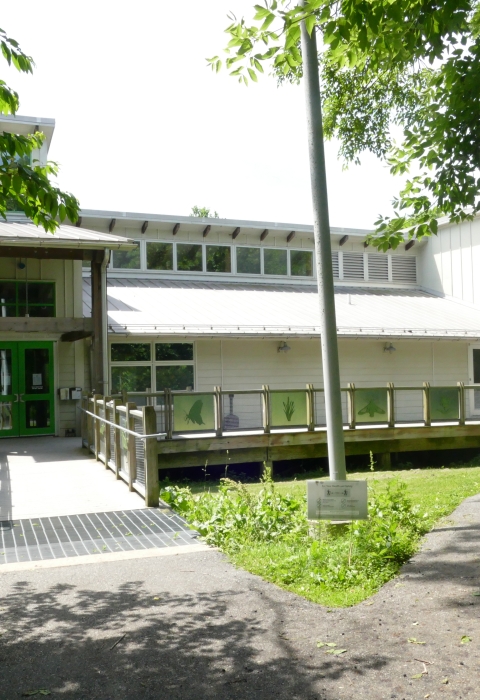 A white, angular, single-story building with green lawn and trees in the foreground