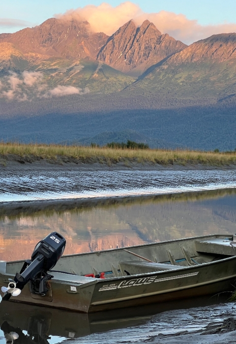 boat rests on the water with a mountain in the background