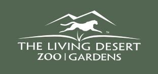 Logo that reads, The Living Desert Zoo | Gardens with a small illustrated white image of a cheetah and a mountain outline.