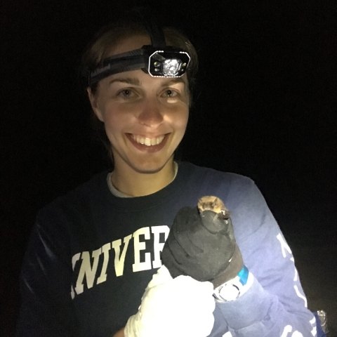 a woman wearing a headlamp in the dark holds a bat in gloved hands