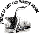 Black and white bird with long neck rising out of the water to dance with vegetation emerging from water behind. The words Friends of Deer Flat Wildlife Refuge wrap around the drawing of the bird.