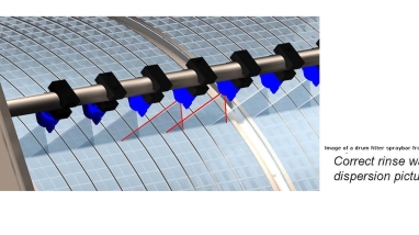Image of a drum filter backwash spray from Hydrotech