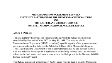 Memorandum of Agreement between The White Earth Band of the Minnesota Chippewa Tribe and the U.S. Fish and Wildlife Service for the Tamarac National Wildlife Refuge