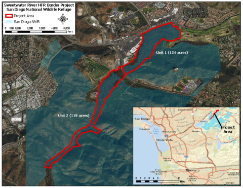 Map of Sweetwater River HFR Border Project San Diego National Wildlife Refuge. On the top left, a legend shows that a red polygon is the project area. San Diego NWR is a filled in, blue color. On the map, the blue polygon is transparent and covers Unit 1 (124 acres) on the north of the highway and Unit 2 (118 acres) south of highway. The bottom right of the image is a zoomed out map of the area with the Project Area pointed to.