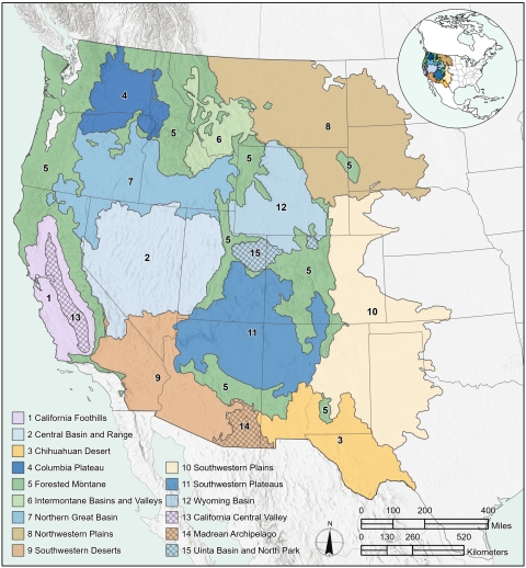 Geographic extent of study area with boundaries of modeling regions shown in colored fill and projection regions with crosshatch