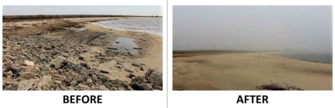 Side by side images, one of a rocky shore and one of the same place with smooth sandy beaches